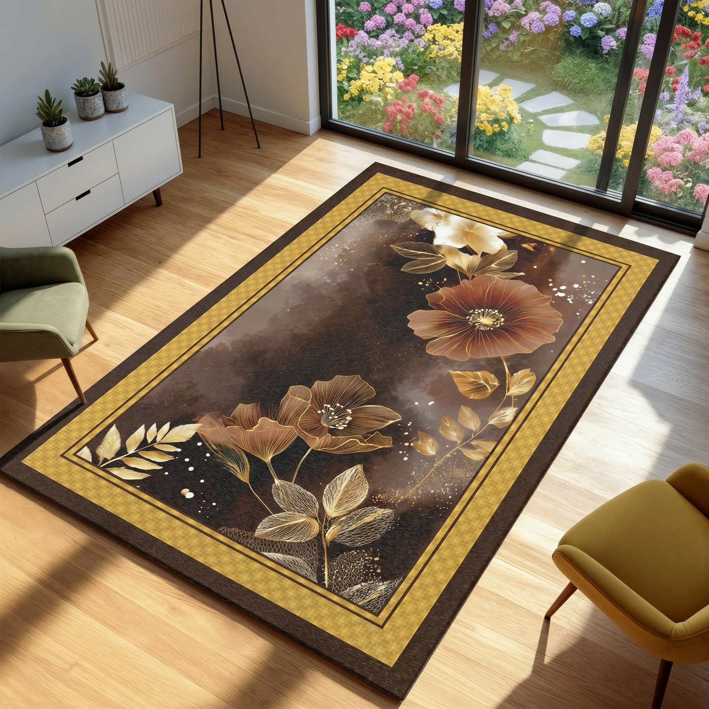 Floral patterned rug on a wooden floor with a garden view outside.