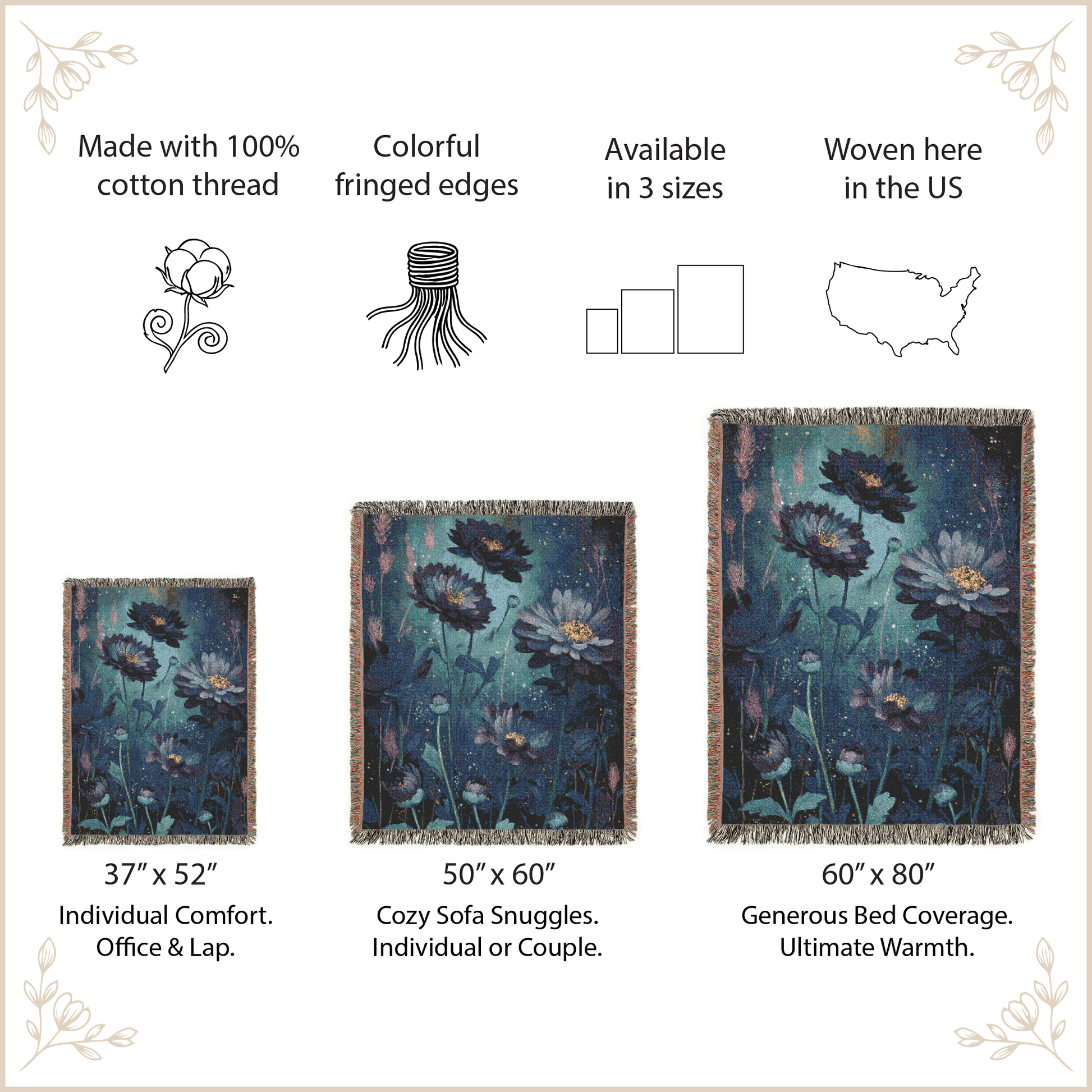 woven blanket with flower designs with size options and features