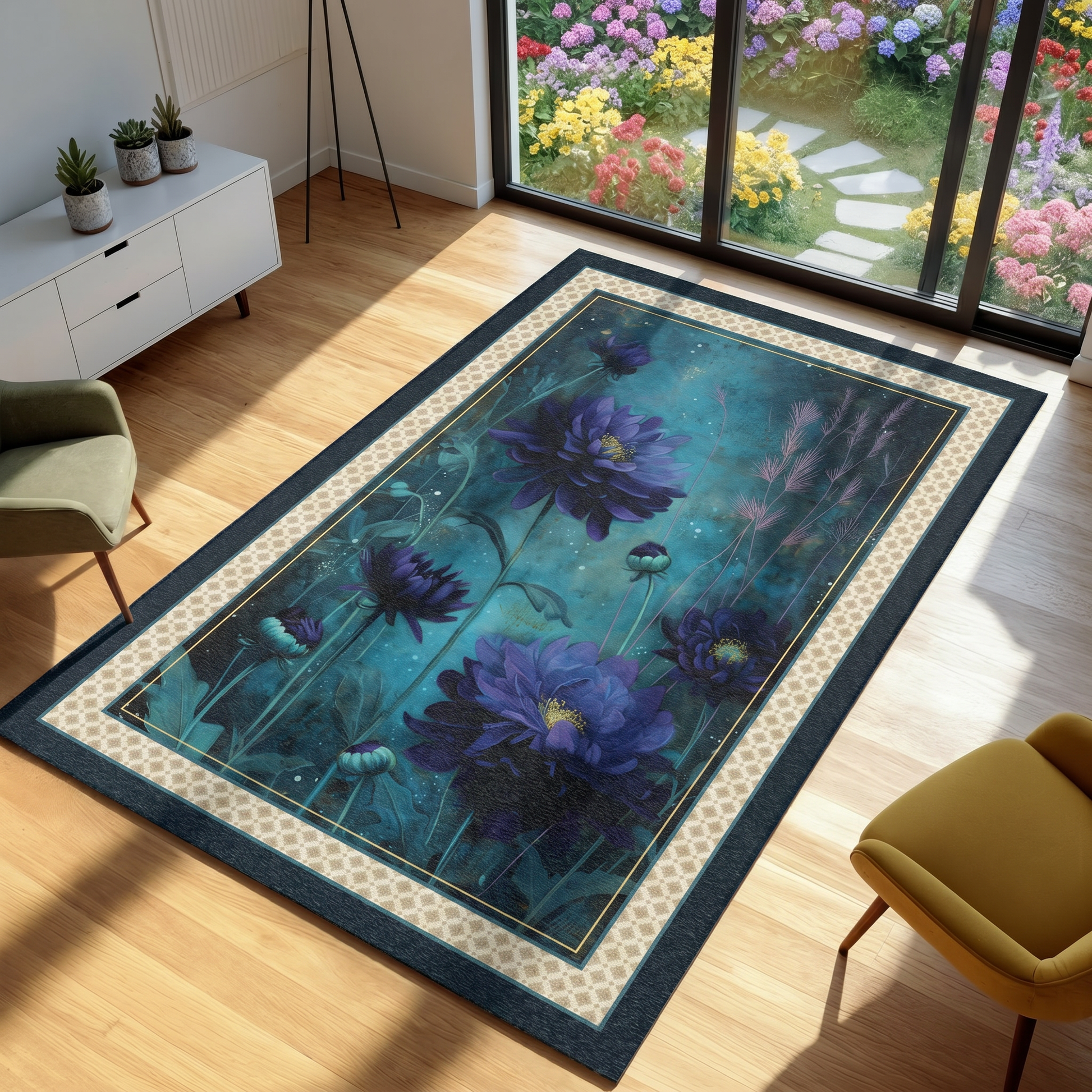 area rug with dark floral graphic