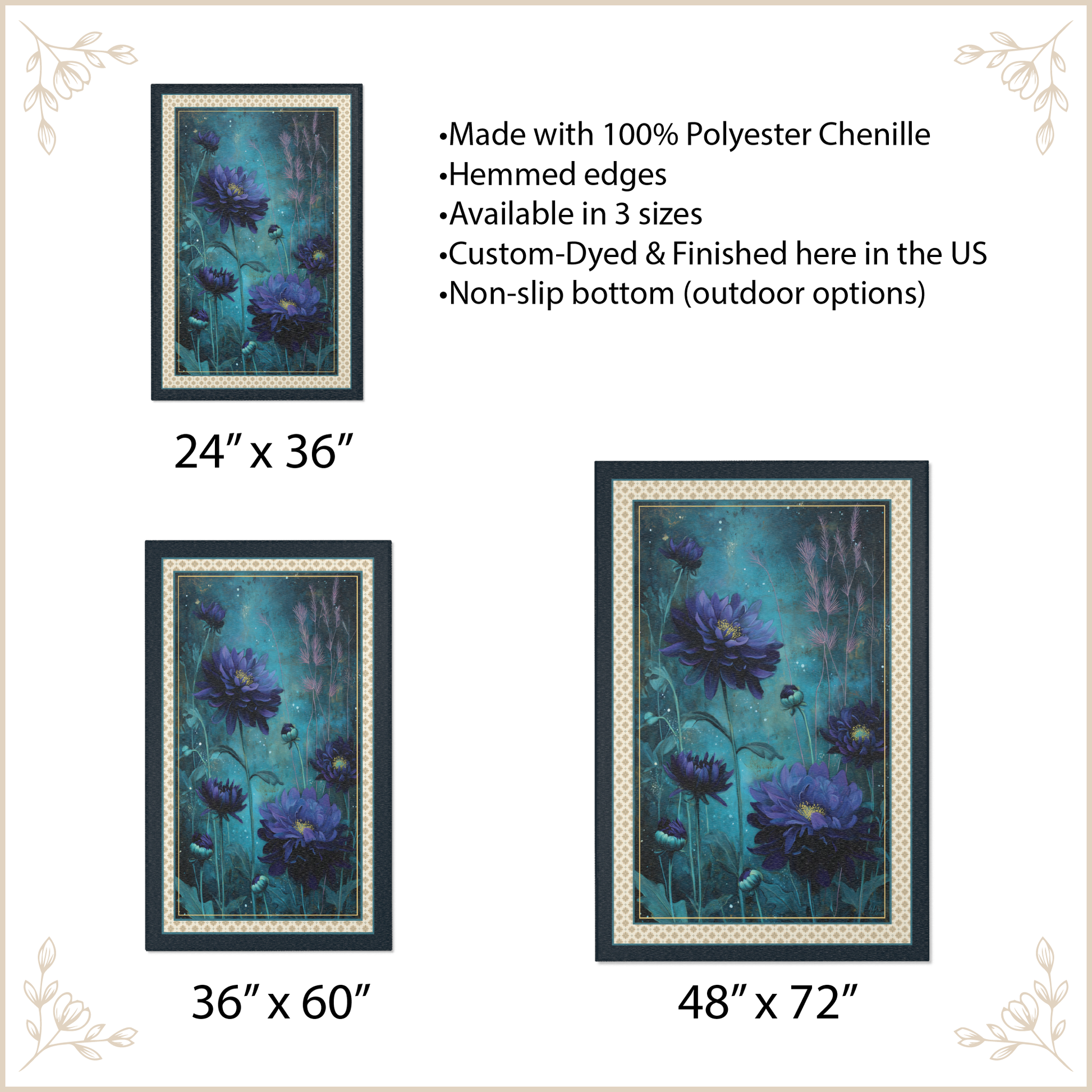 area rug with dark floral graphic with size options and features