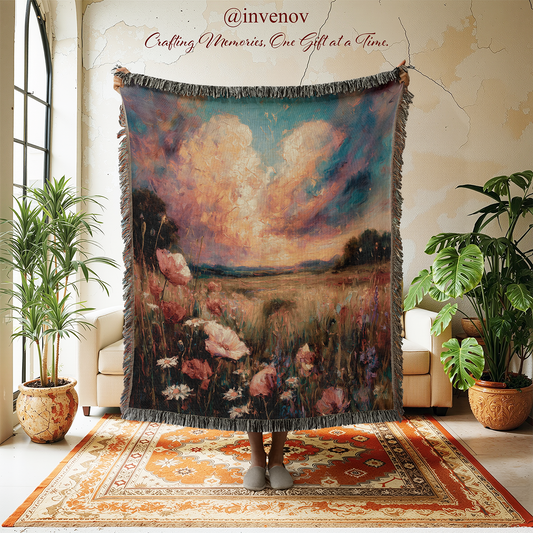 A large fringed throw blanket featuring a painted field scene with pink flowers and a dramatic sky is held up in a bright room. A person's feet are visible at the bottom, and the blanket is displayed against a cream wall with plants on both sides.