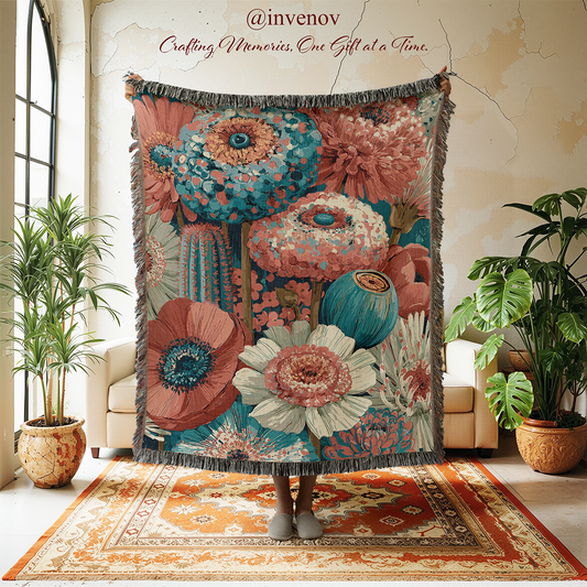 A large woven throw blanket with fringe is held up in a bright room. The blanket features a colorful floral and botanical pattern with large flowers and cacti in teal, coral, pink, cream, and brown tones.