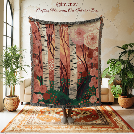 woven blanket with flowers and tree designs