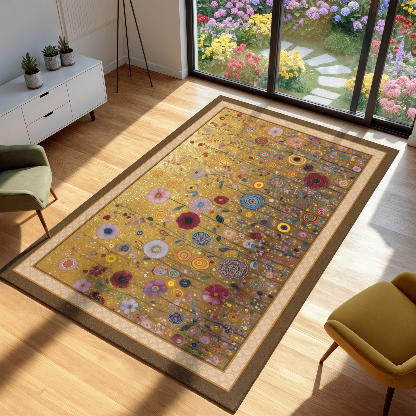 A rectangular area rug with a golden-yellow background and a dense, colorful floral and circular pattern, styled in a bright modern living room with wooden floors and large windows overlooking a garden.