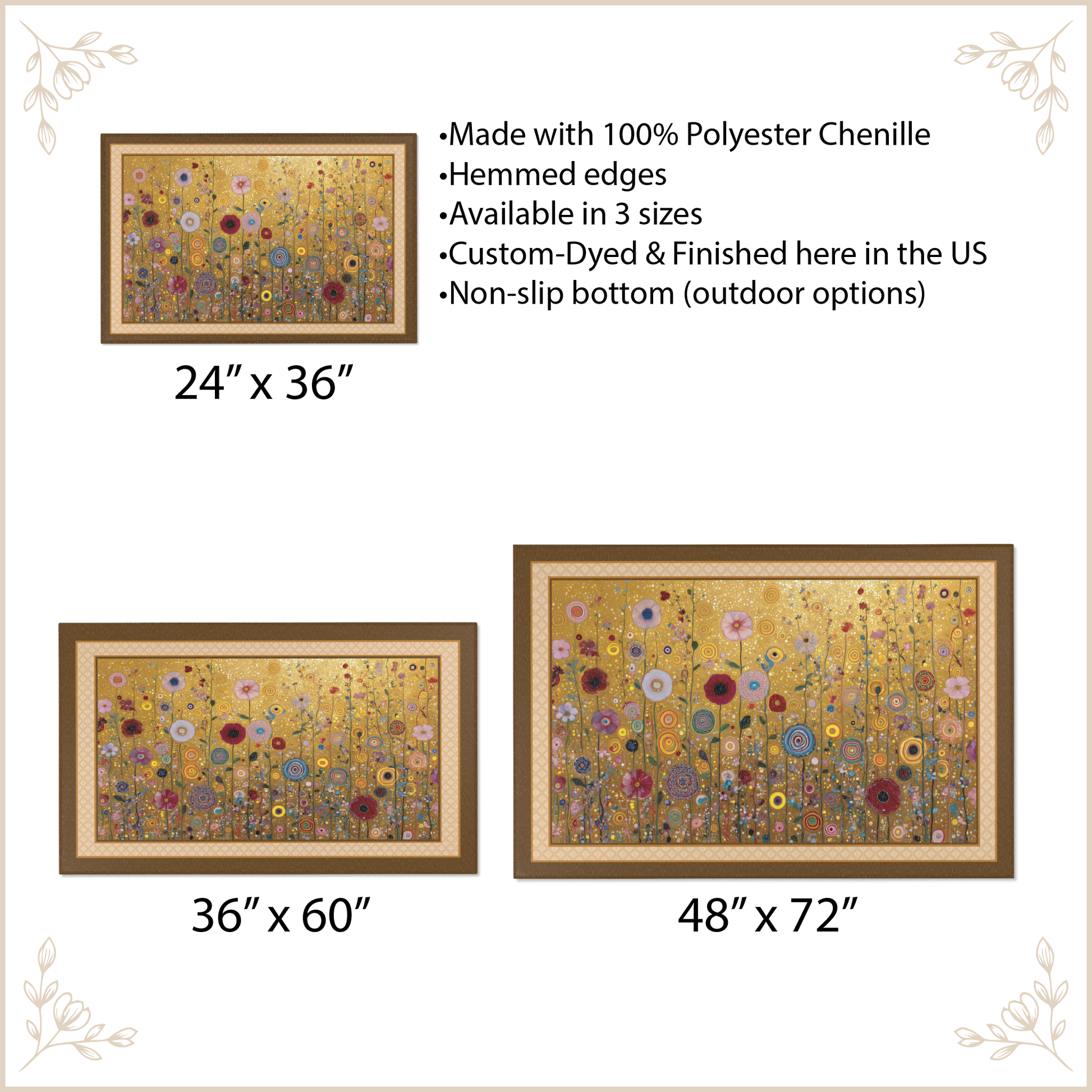 area rug showing a gold-toned floral design with multicolored flowers, labeled 24" x 36", 36" x 60", and 48" x 72". Text above lists product features: made with 100% polyester chenille, hemmed edges, available in 3 sizes, custom dyed & finished in the US, and non-slip bottom.