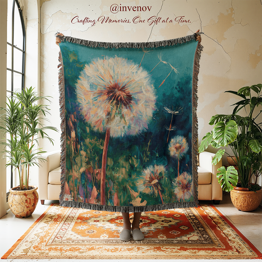 A large woven throw blanket featuring a dandelion painting design is held up in a room setting. The blanket has dark gray fringe on the top and bottom edges.