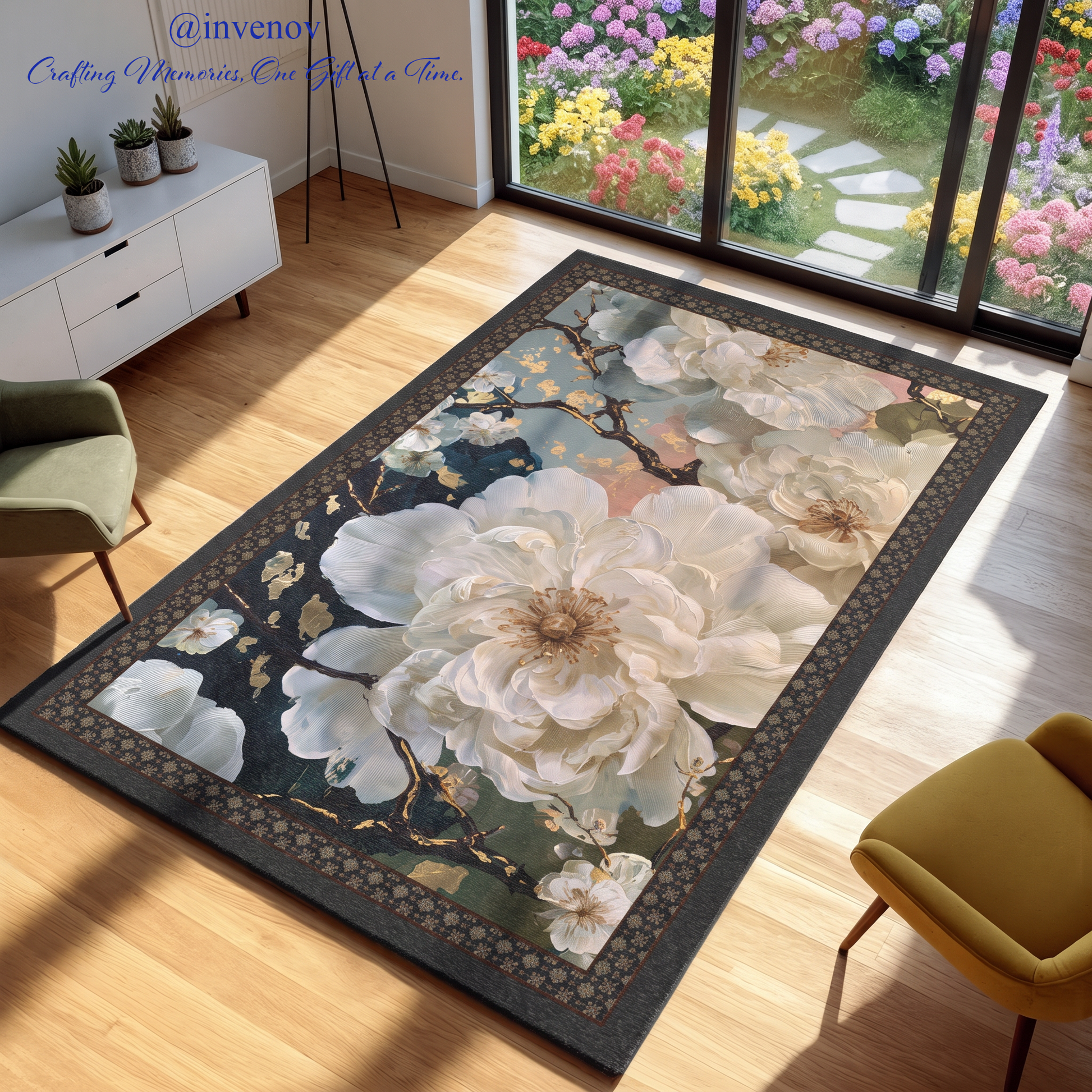 A rectangular area rug with a large white peony floral design and a dark border, shown in a modern living room setting with wooden floors, chairs, and a garden view through large windows.