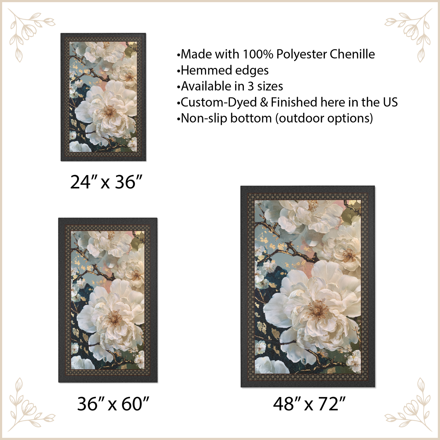 A product information graphic showing three area rug sizes with dimensions: 24 x 36, 36 x 60, and 48 x 72. The artwork depicts large white flowers with blue and green tones.