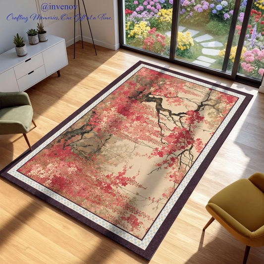 A rectangular area rug with a traditional Japanese-style cherry blossom print in red, pink, and beige tones, bordered in dark purple and white, displayed on a light wood floor in a modern living room setting.