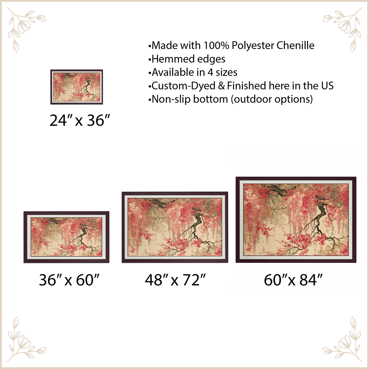 Size chart for an area rug showing four dimensions: 24 x 36 inches, 36 x 60 inches, 48 x 72 inches, and 60 x 84 inches. The artwork depicts a beige background with pink cherry blossoms and dark branches.