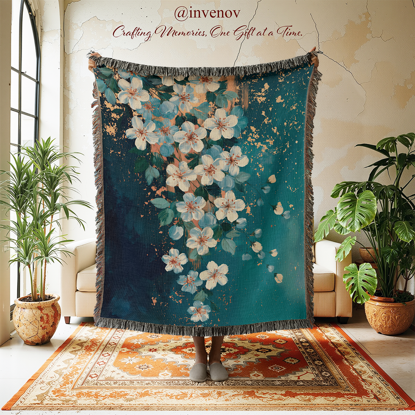 A large woven throw blanket with fringe edges is held up in a room. The blanket has a dark teal-blue background with a floral pattern of white blossoms and small gold accents.