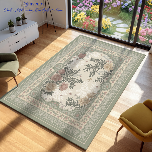 A rectangular area rug with a vintage-style floral design in sage green, beige, and dusty pink, shown on a light wood floor in a bright living room with a garden view.