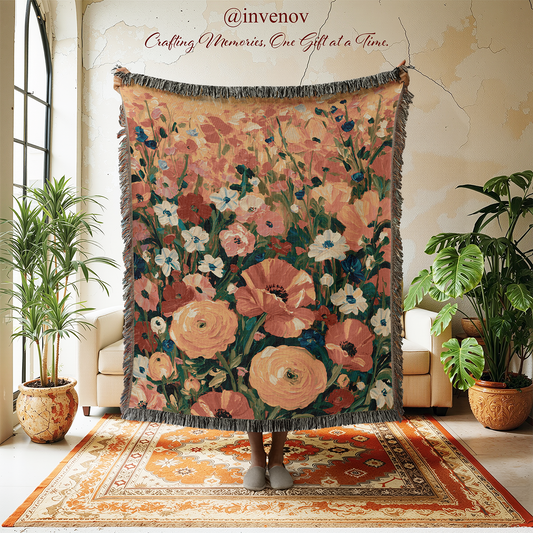 A person holds up a large woven floral blanket or tapestry in a styled room with plants, chairs, and a rug. The textile features a dense floral pattern in peach, pink, cream, blue, and green tones with dark fringe at the top and bottom.