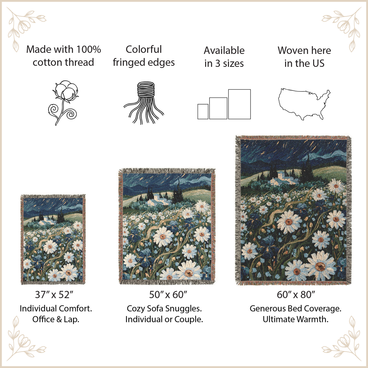 A product information graphic for a floral woven blanket or tapestry. The image shows three size variants with dimensions labeled: 37" x 52" for individual comfort, 50" x 60" for cozy sofa snuggles, and 60" x 80" for generous bed coverage.