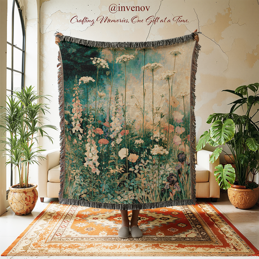 A person holds up a large woven tapestry blanket featuring a floral meadow design in teal, green, cream, and soft pink tones, with dark gray fringe. The scene is set in a styled room with potted plants, a patterned rug, and cream-colored armchairs, with the text '@invenov Crafting Memories, One Gift at a Time.