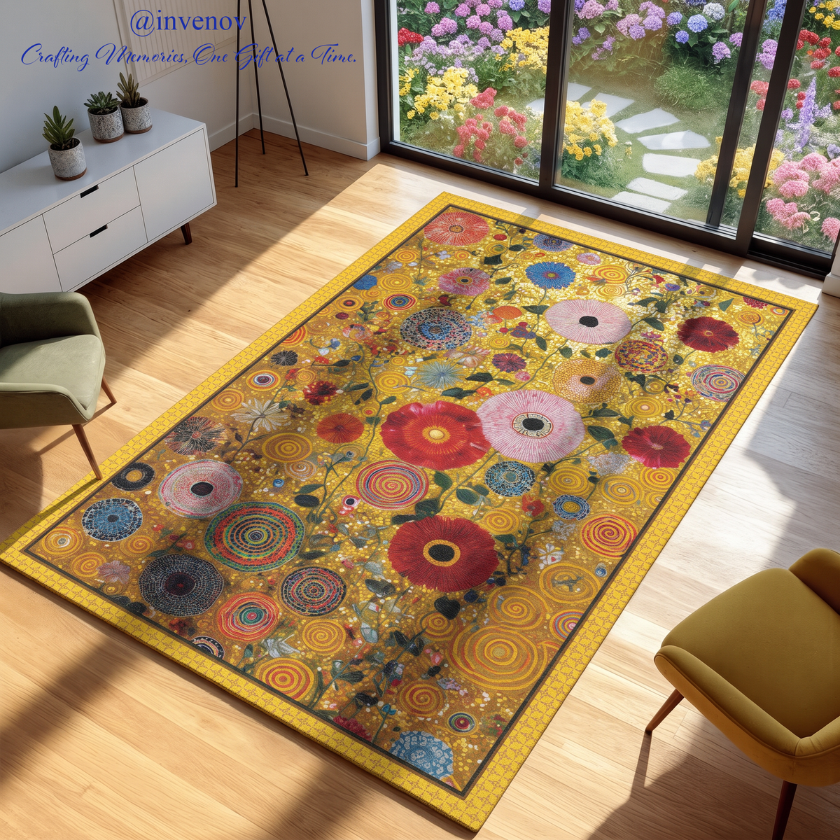 A rectangular area rug with a vibrant golden-yellow background and a dense pattern of colorful poppy-like flowers and circular medallions, shown in a modern living room setting.