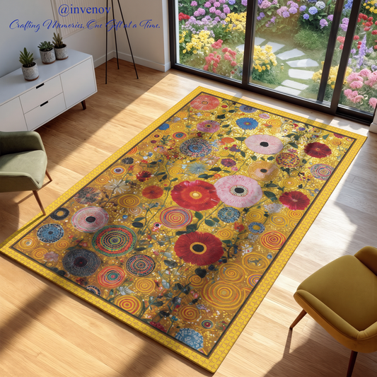 A rectangular area rug with a vibrant golden-yellow background and a dense pattern of colorful poppy-like flowers and circular medallions, shown in a modern living room setting.