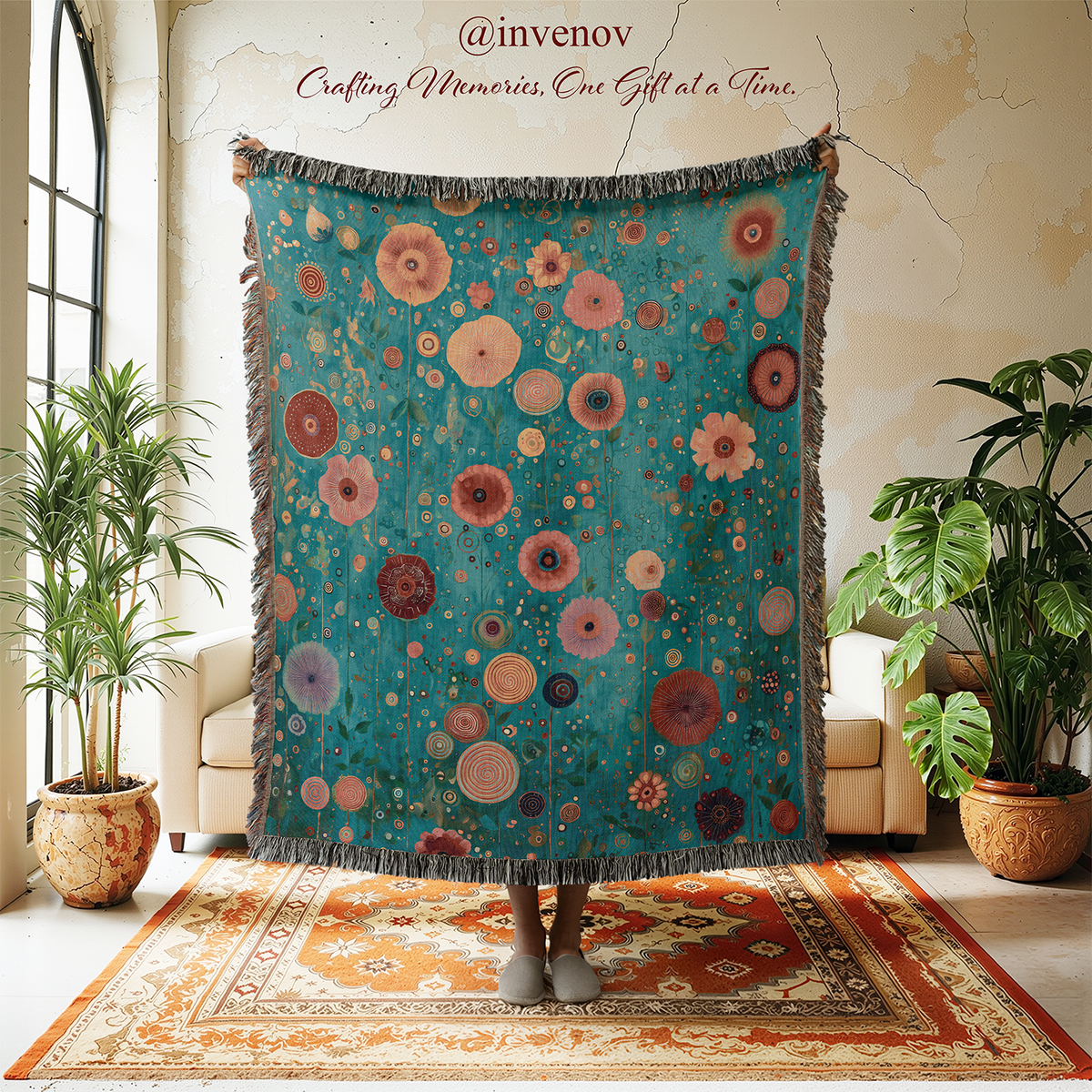A person holds up a large teal throw blanket with a bohemian floral pattern in pink, orange, and brown tones, with fringe on all sides, in a styled room with plants and a rug. The text '@invenov Crafting Memories, One Gift at a Time.