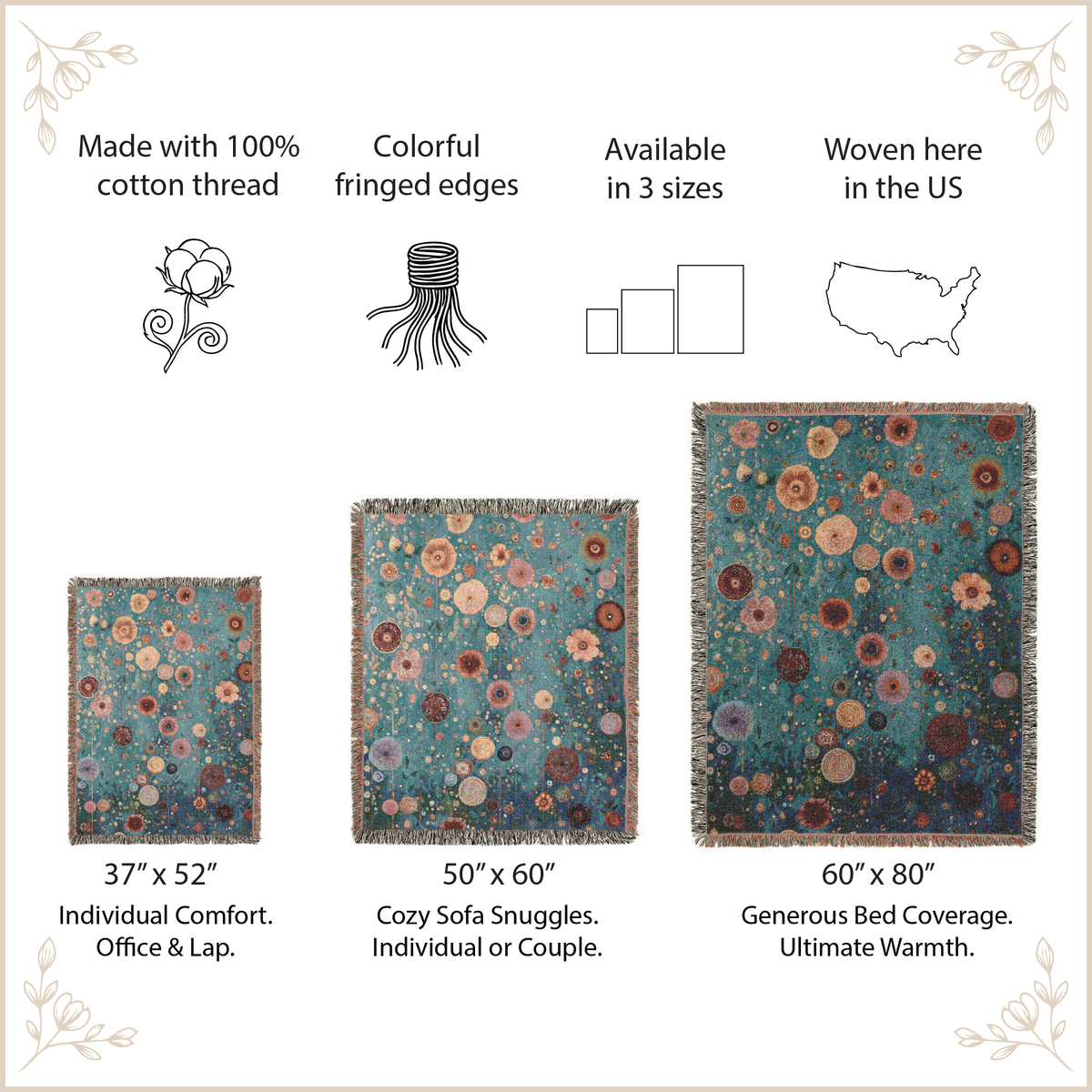 A product information graphic for flower-themed woven blankets or tapestries. The image shows three size options with labeled dimensions: 37" x 52" for individual comfort, 50" x 60" for cozy sofa snuggles, and 60" x 80" for generous bed coverage.