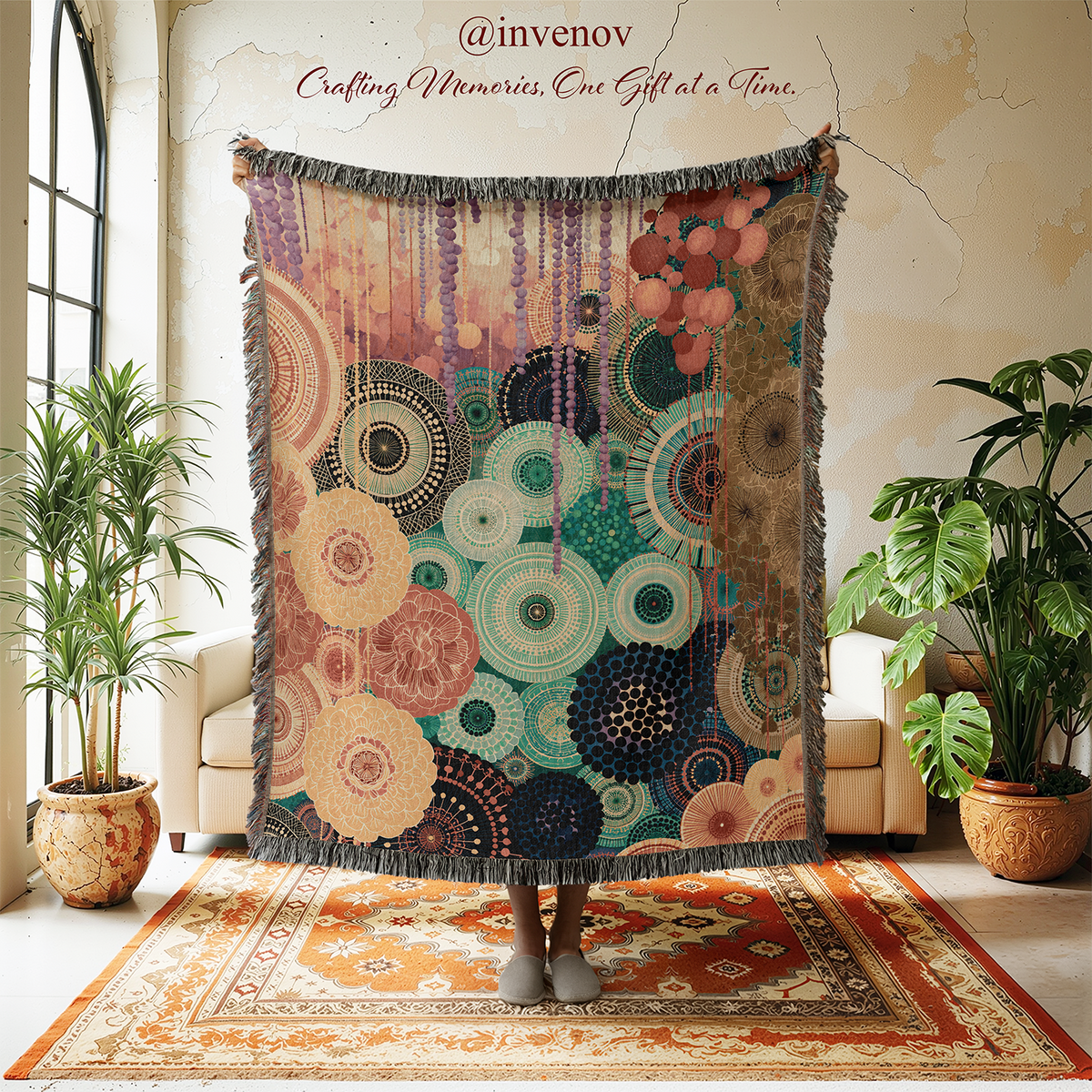 A person holds up a large fringed throw blanket in a styled living room. The blanket features an intricate, multicolor bohemian mandala and circular pattern in shades of teal, pink, beige, and brown.