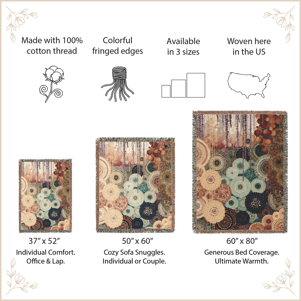A product information graphic for a woven throw blanket. The central area shows three size variants of the blanket with fringed edges and an abstract multicolor pattern of circles and vertical streaks in beige, brown, teal, rust, and cream.