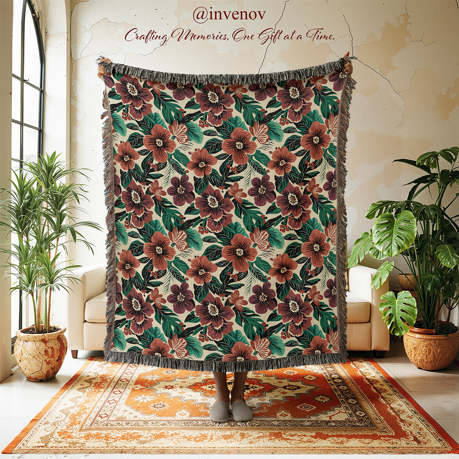 Woven blanket with floral pattern