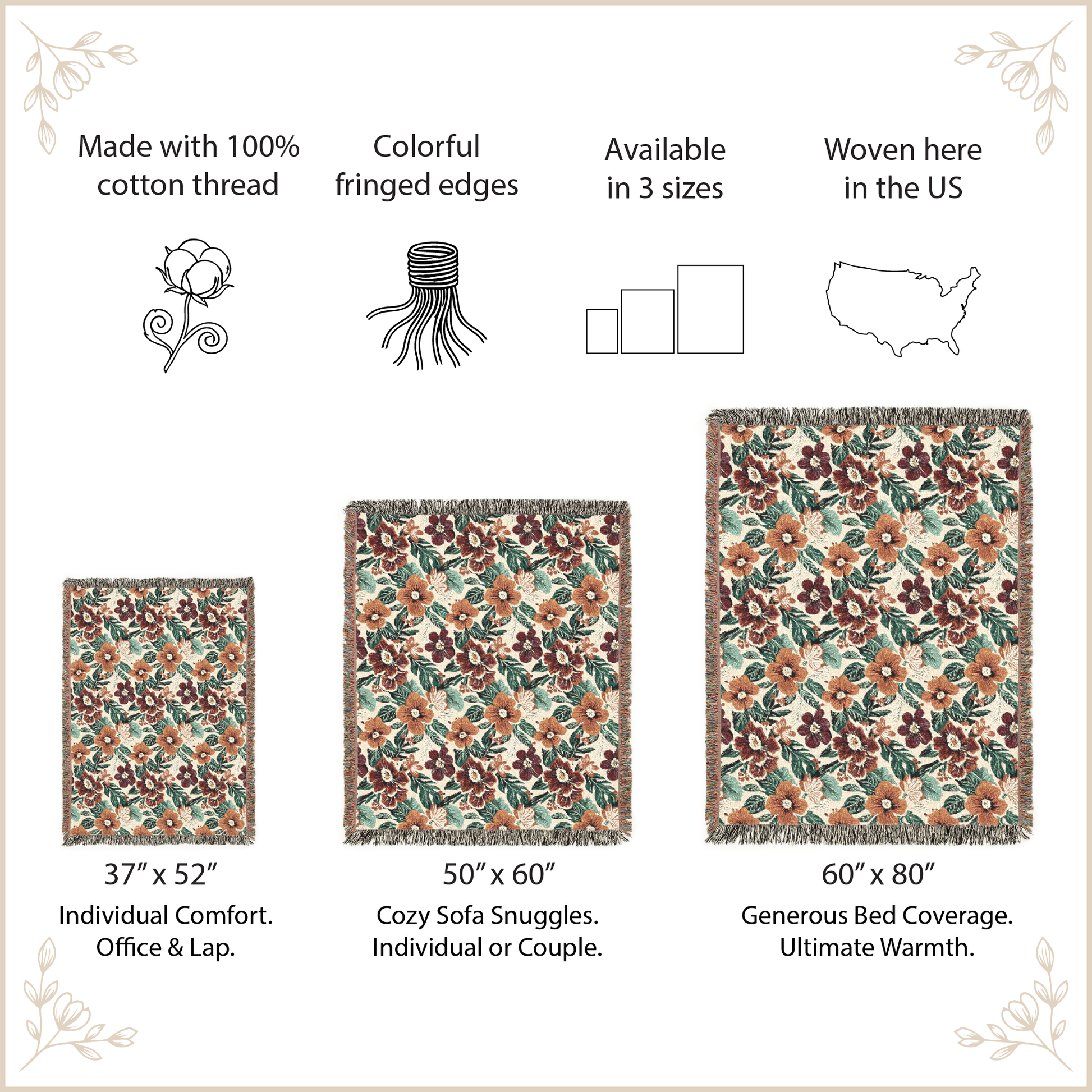 Woven blanket with floral pattern with size options and features