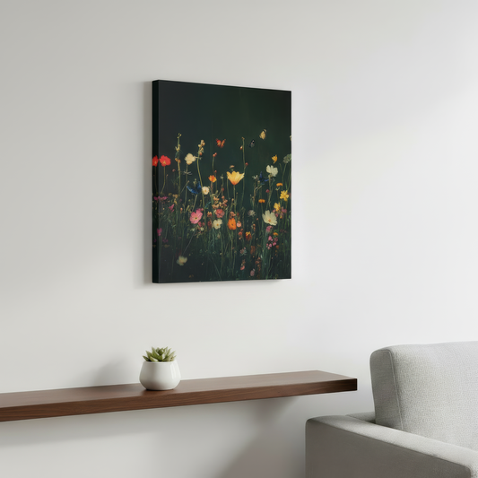 Floral painting on a wall above a wooden shelf with a plant and a gray chair.