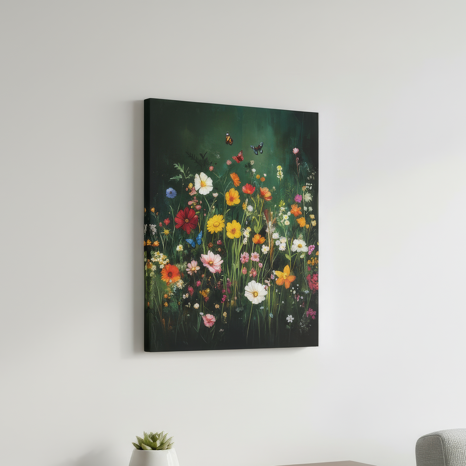 Floral painting on a wall above a wooden shelf with a plant and a gray chair.
