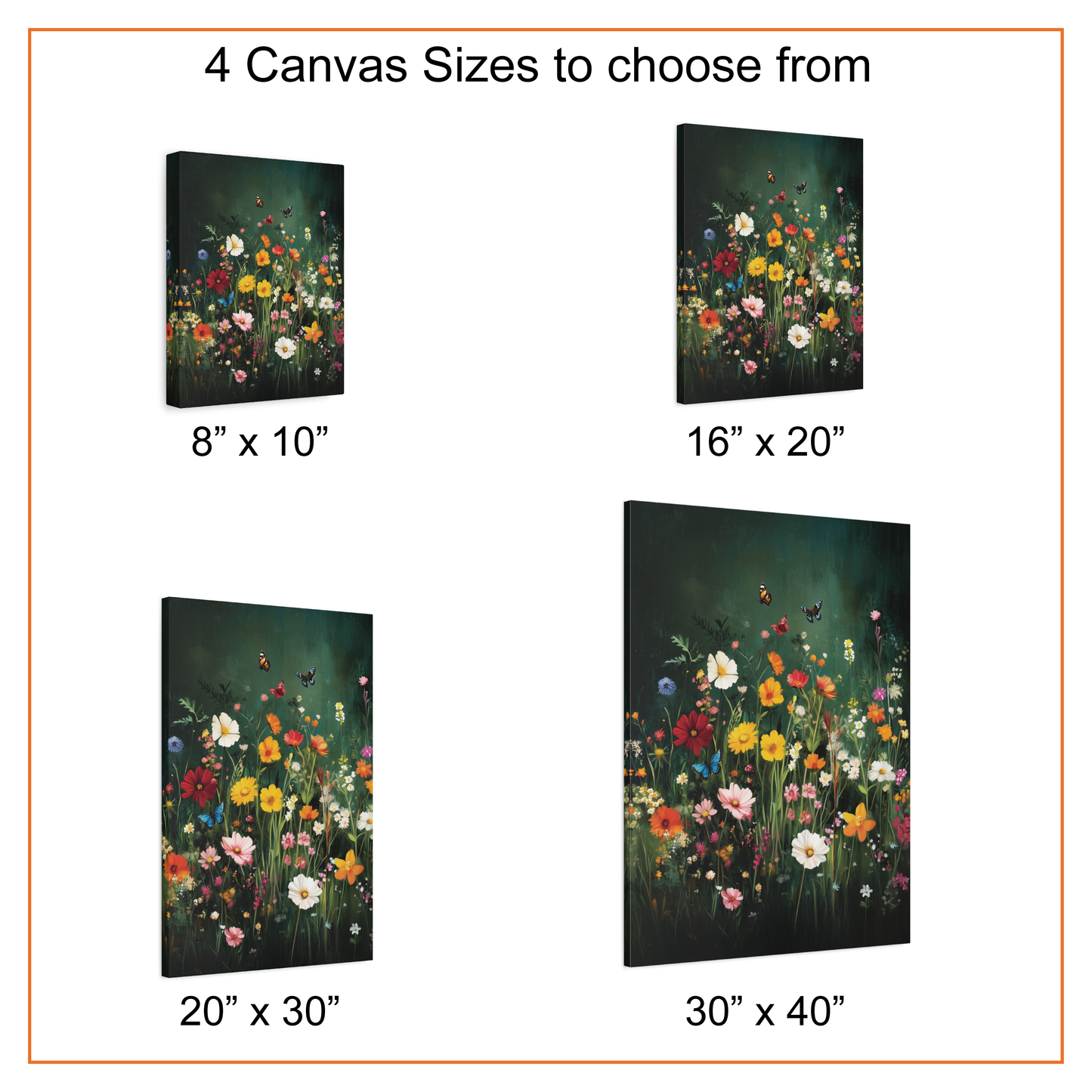 Four canvas sizes with floral artwork displayed against a white background.