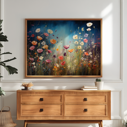 Vibrant Floral Poster, Dreamy Meadow Scene Art Print, Colorful Flowers Decor, Nature-Inspired Wall Art, Realism and Impressionism Style