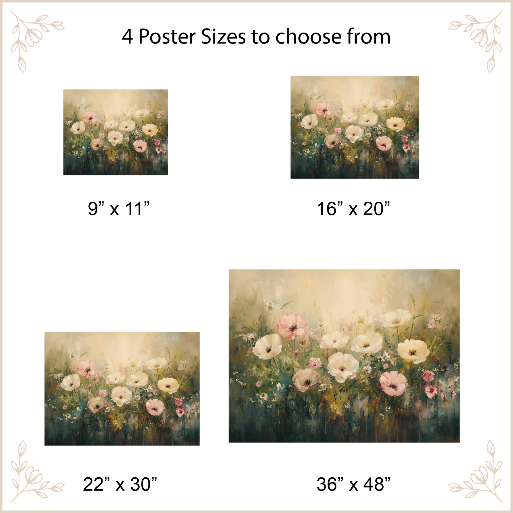 Poster size options with floral artwork displayed.
