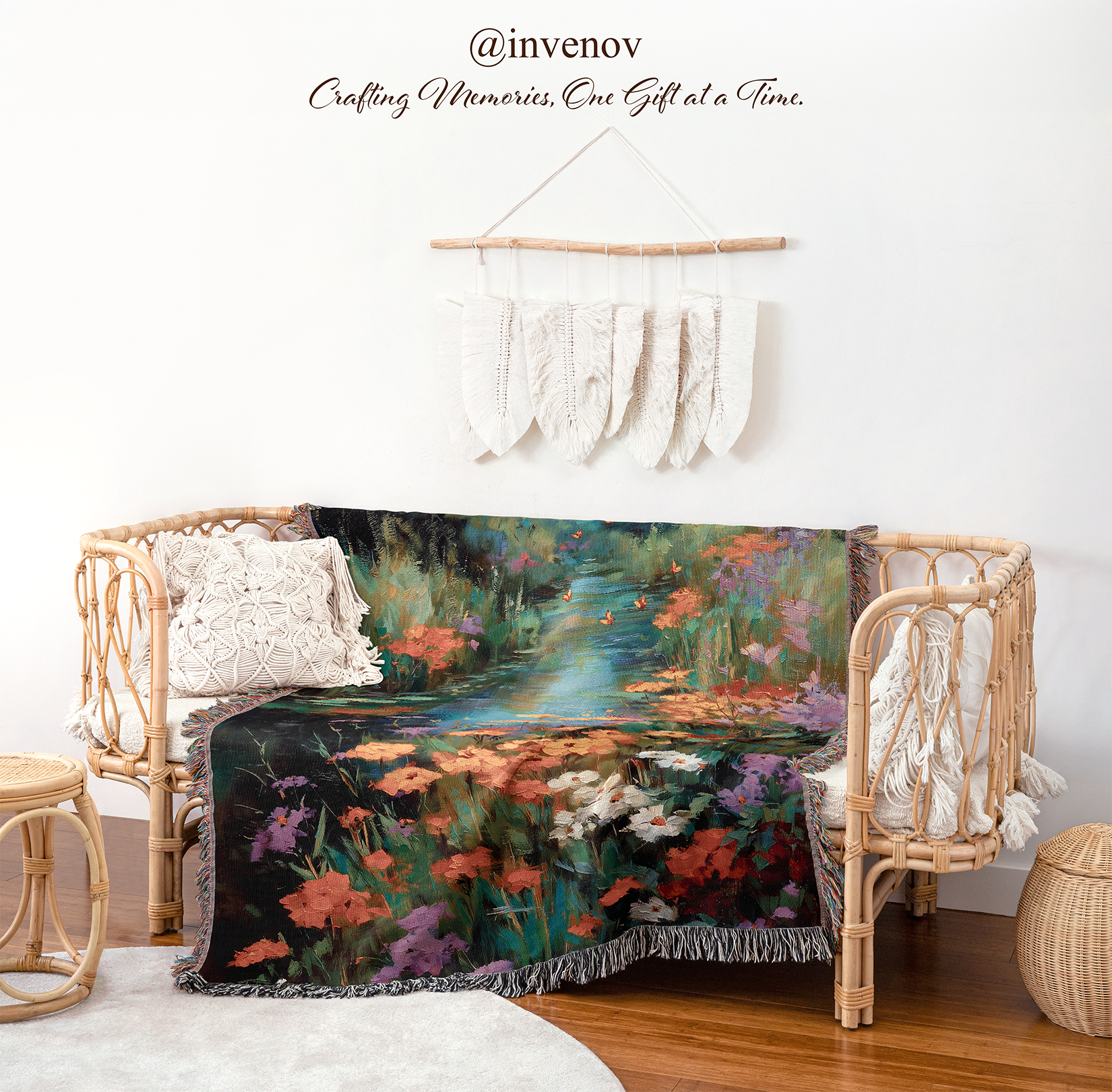 Decorative blanket with floral design draped over a wicker chair