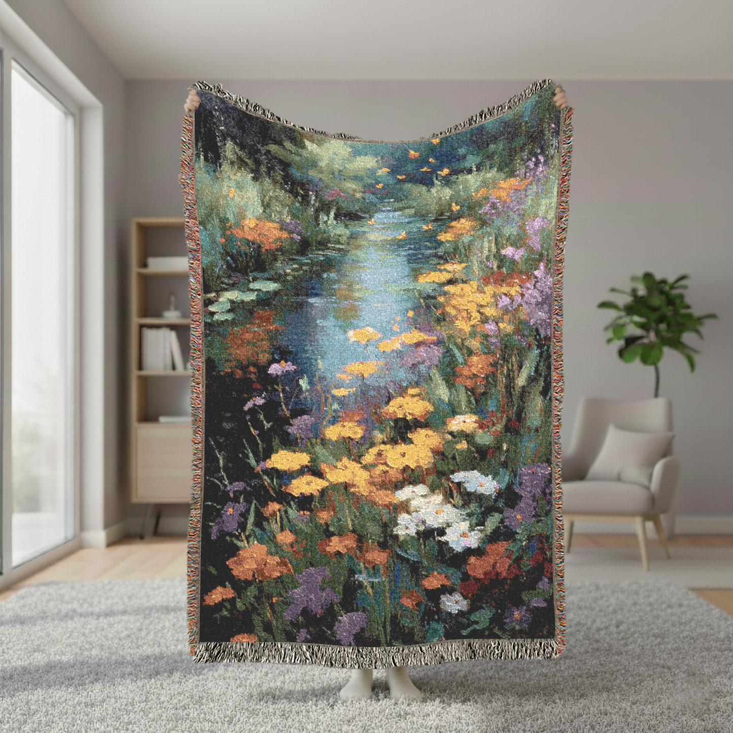 Impressionist Garden Woven Blanket, Vintage Painting Tapestry, Floral River Jacquard Throw, Monet Style Art, Cottagecore Flower Decor