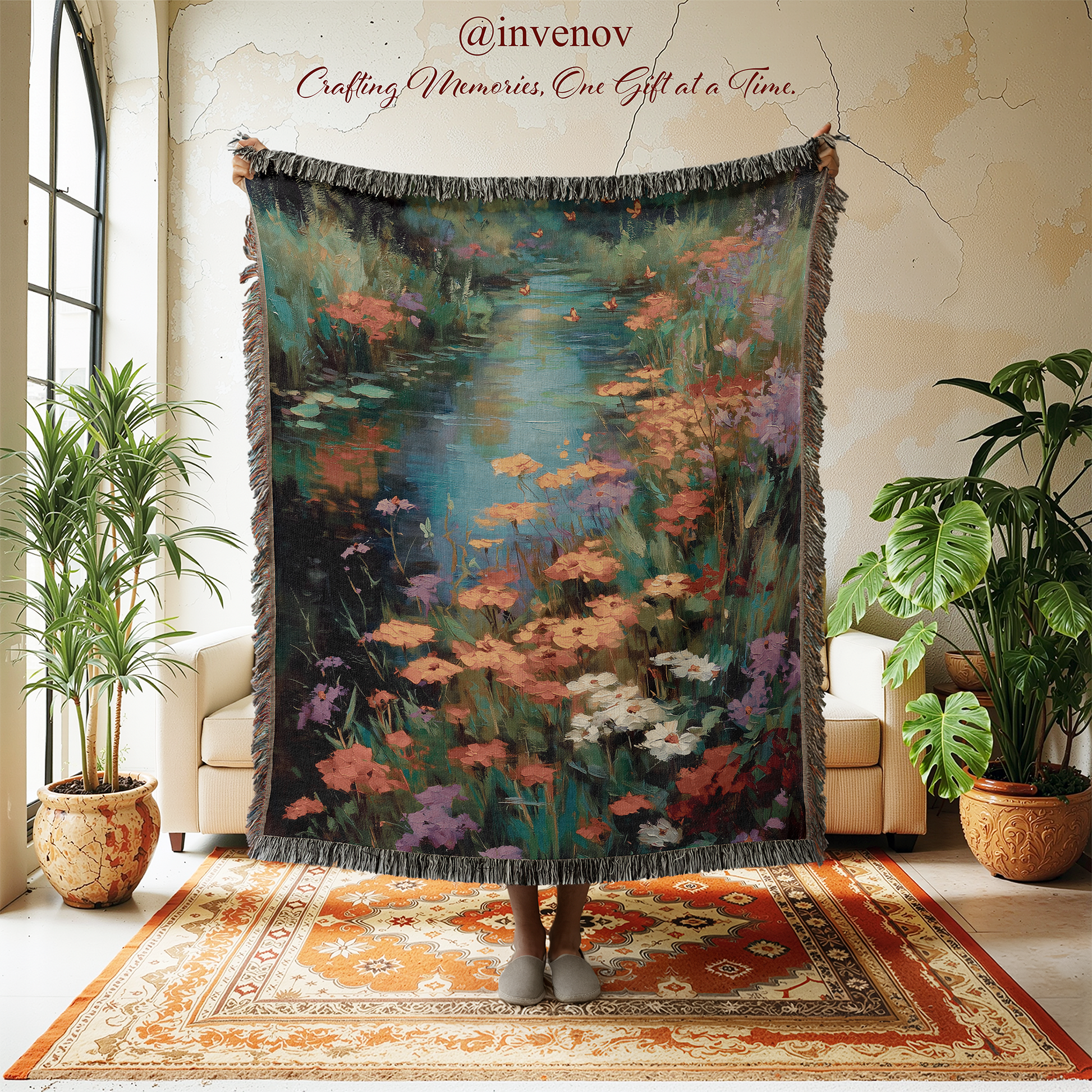 Decorative blanket with floral design  in a room with plants and furniture.