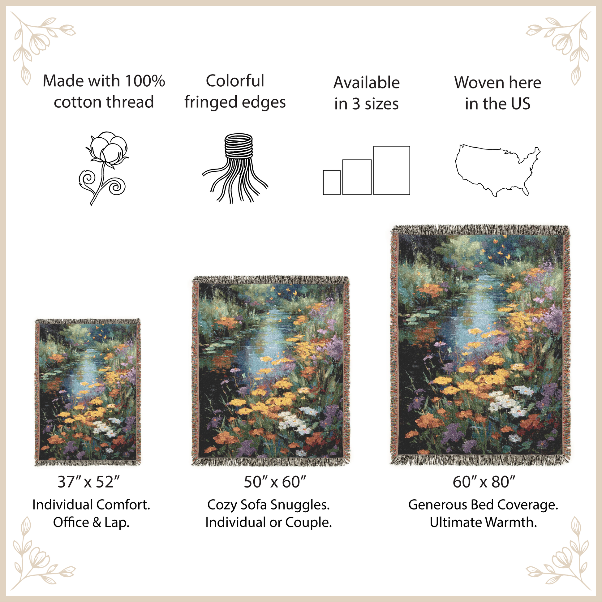 Woven tapestry with floral design, size options, and features listed.