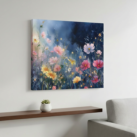 Floral painting on a wall above a wooden shelf with a plant and a gray sofa.