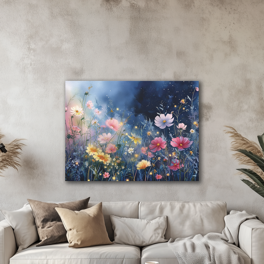 Living room with a floral painting on the wall above a sofa.