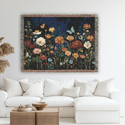 Wildflower Tapestry Throw Woven Blanket, Floral Botanical Home Decor, Butterfly Tapestry, Vintage Heirloom Style Sofa Bed Blanket