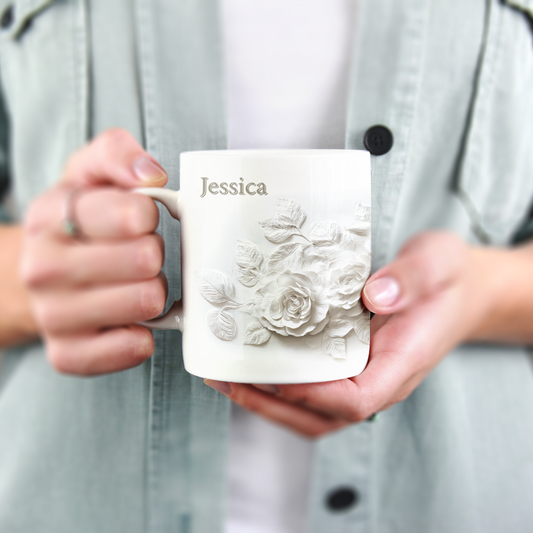 Personalized Elegant Rose Design Mug, Custom Faux Embossed Floral Print Ceramic Mug, Faux 3D Flower Mug, Flower Plaster Style Print Tea Cup