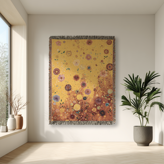 Abstract Floral Woven Blanket, Golden Floral Tapestry Woven Blanket with Fringe, Modern Home Decoration, Sofa Bed Cover Throw