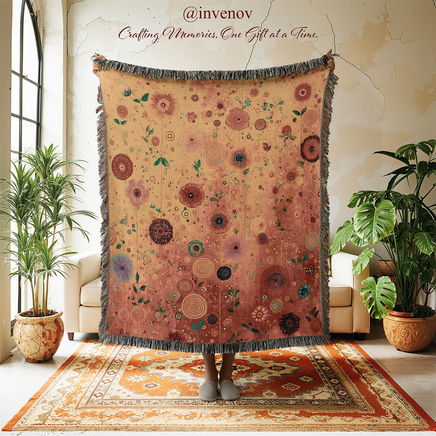 Decorative floral blanket draped over a person in a room with plants and a rug.