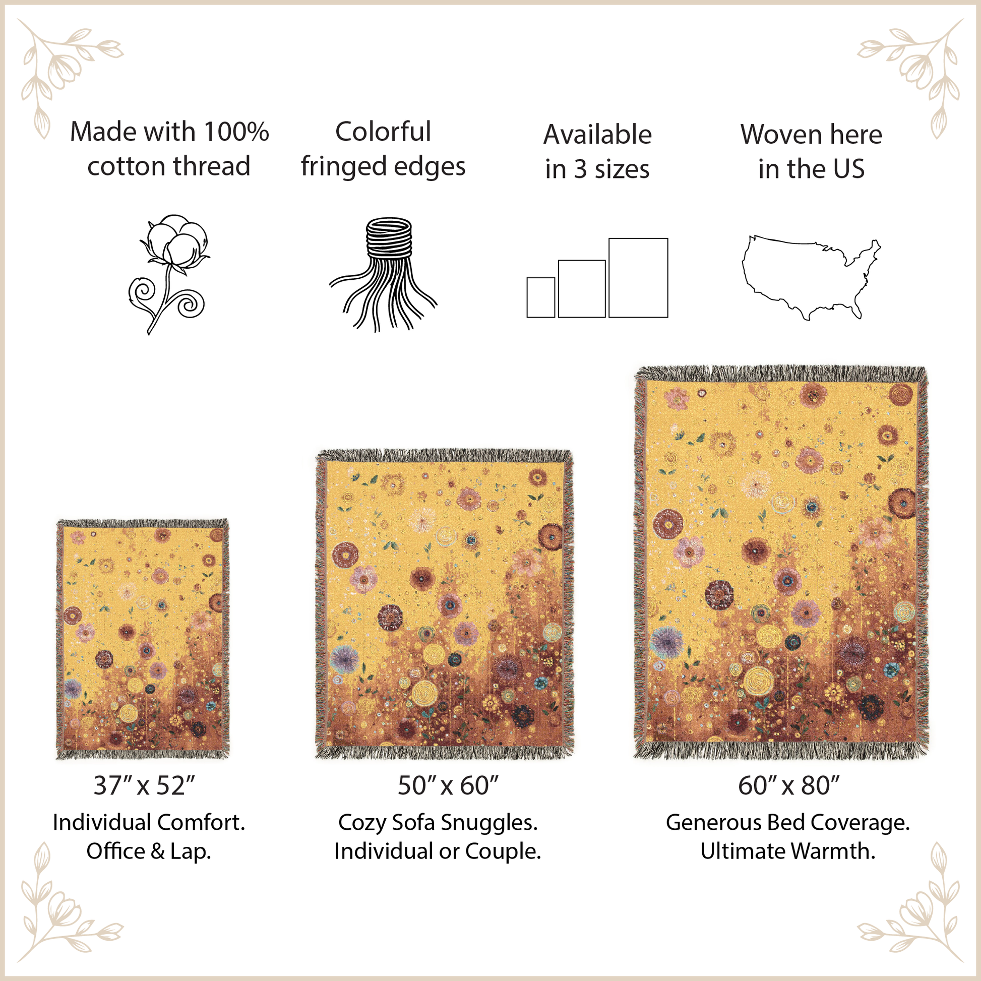blanket with floral pattern and size options on a beige background
