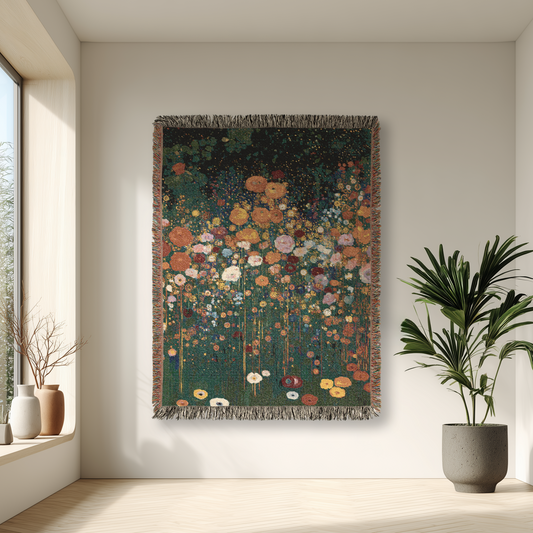 Artistic Floral Woven Blanket, Impressionistic Style Design Tapestry, Fringed Edge Throw, Pointillism Style Home Decor, Sofa Bed Cover Throw