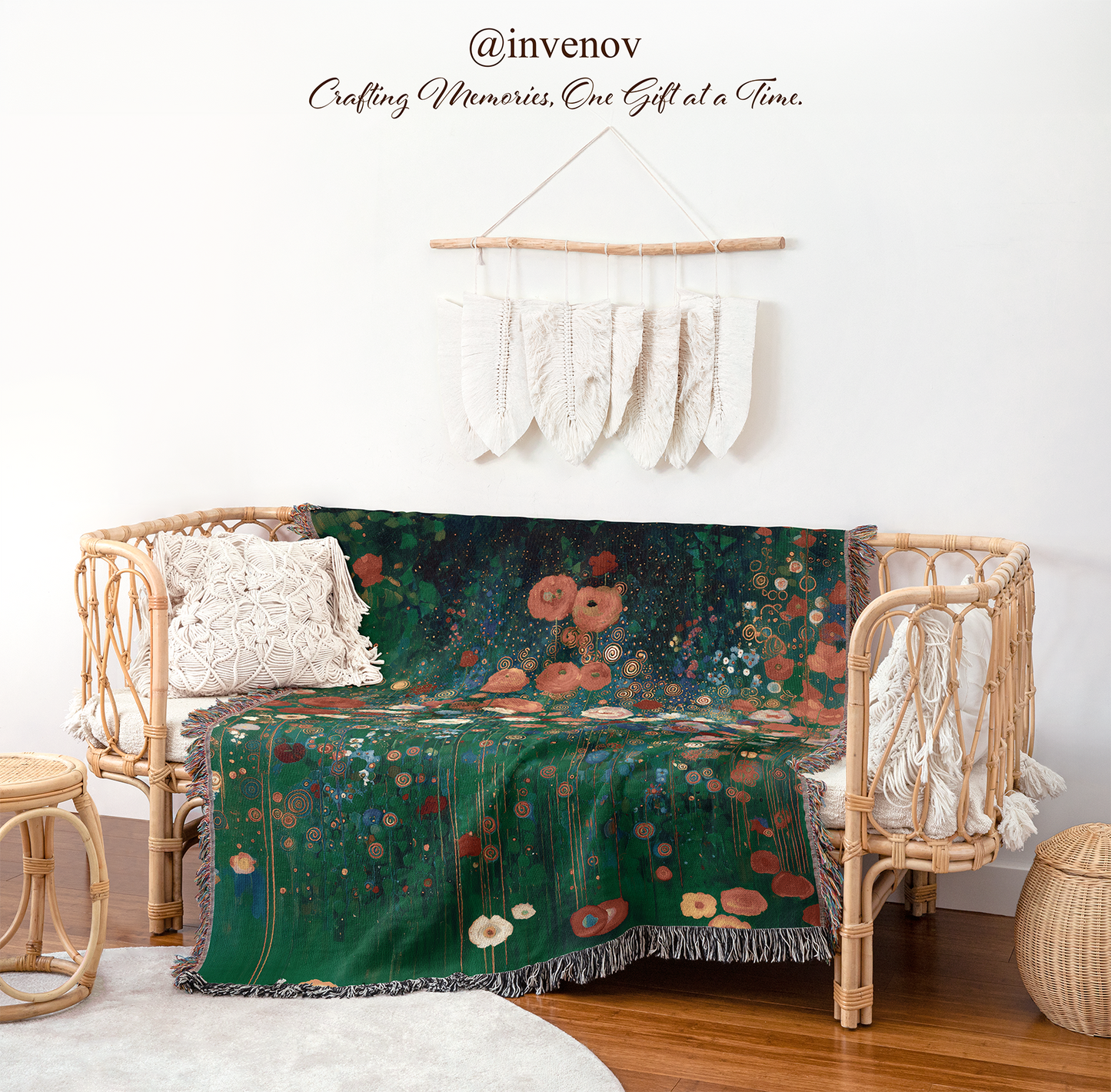 Floral patterned throw blanket draped over a wicker chair 