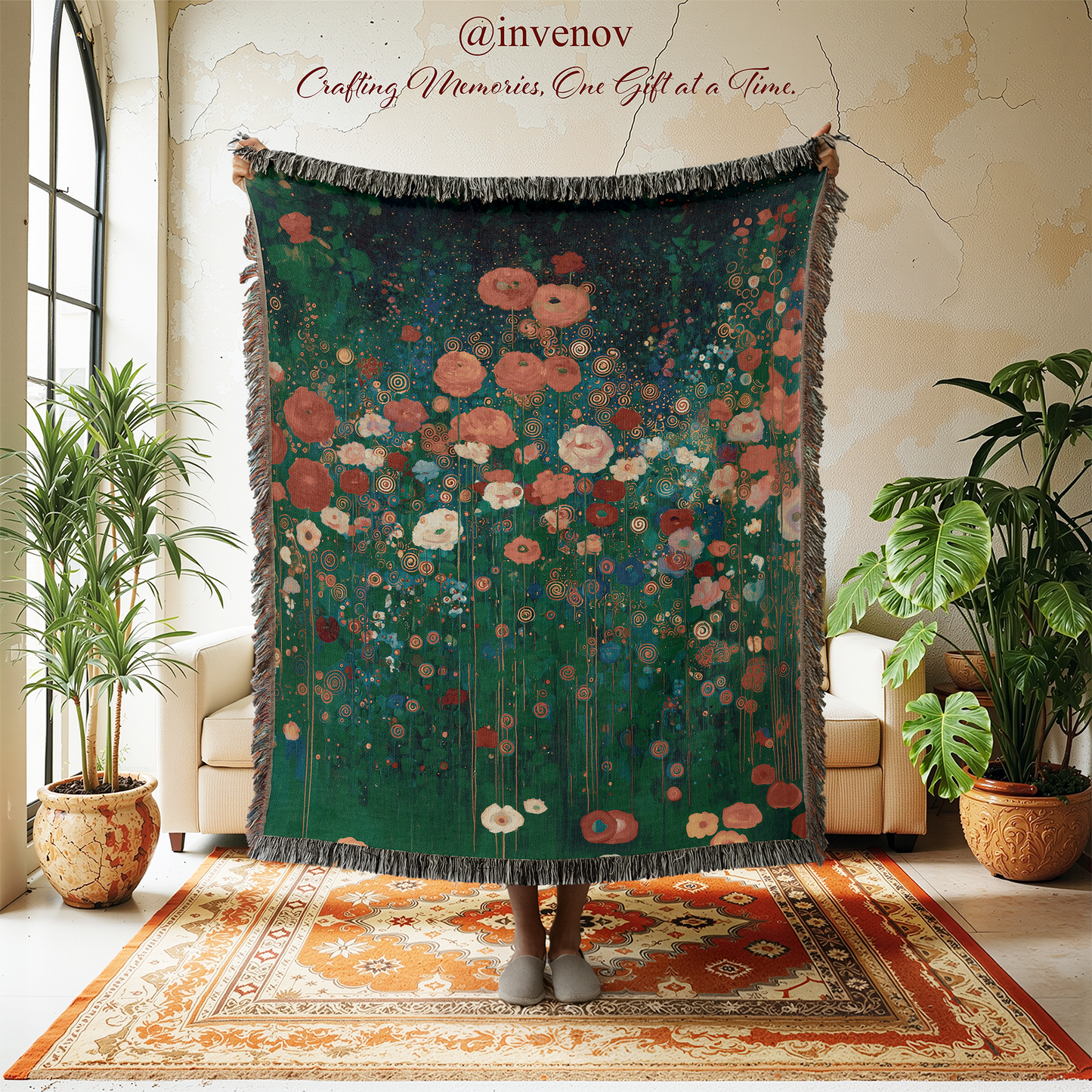 Floral tapestry hanging in a room with plants and furniture.