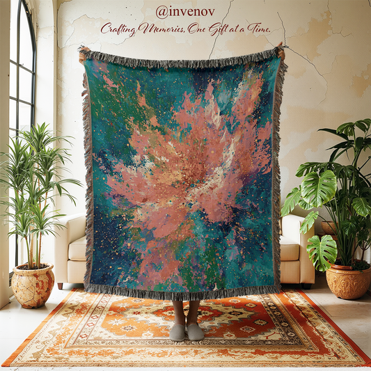 Colorful abstract tapestry in a room with plants and furniture.
