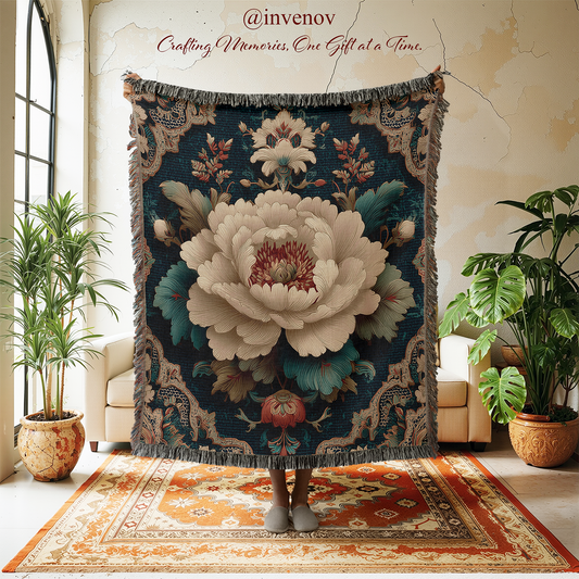 Decorative floral blanket held up in a room with plants and furniture.