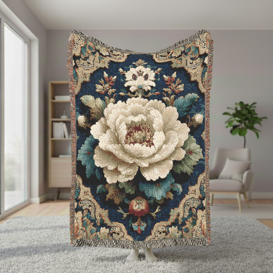Vintage Style Peony Woven Blanket, Dark Floral Tapestry, Baroque Botanical Art Throw, Maximalist Decor, Flower Lover Home Gift Decoration