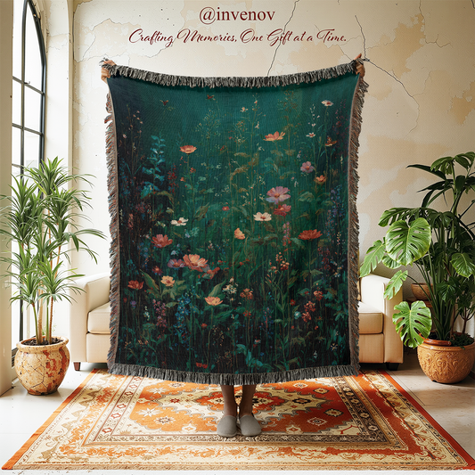 Person holding a floral tapestry in a room with plants and a couch.